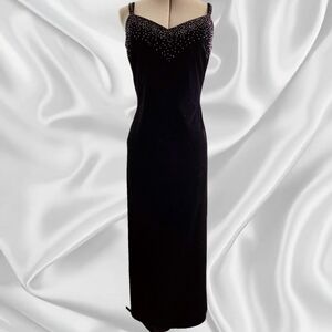 Elegant Black Evening Slip Dress with Embellished Bust Velour